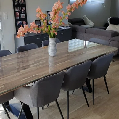 Large dining table with custom acacia top