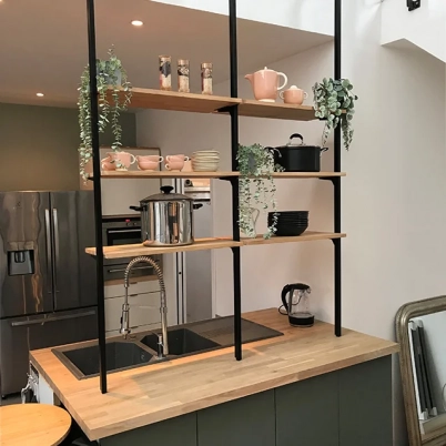 open kitchen with oak worktop