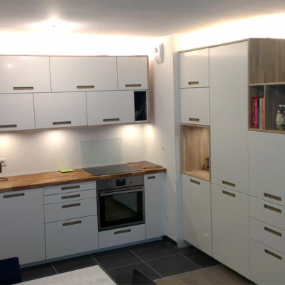 Custom kitchen layout with custom cut solid oak panels