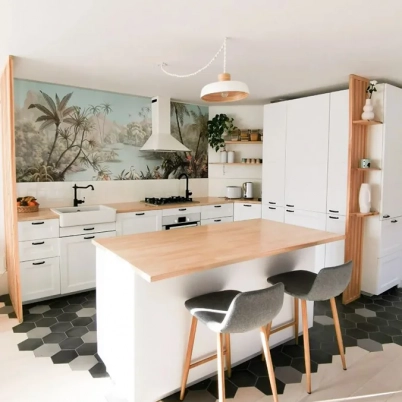 Open kitchen with custom rubberwood worktops