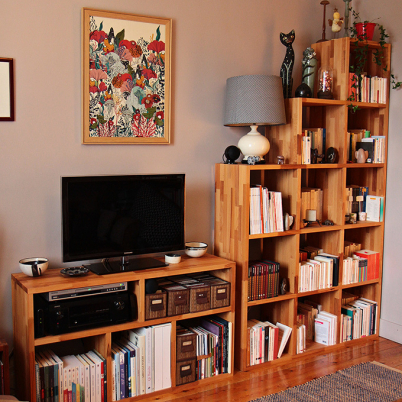 Création d'un ensemble bibliothèque meuble TV avec planches en bois de Hêtre