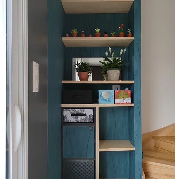 Custom storage unit with ash shelves