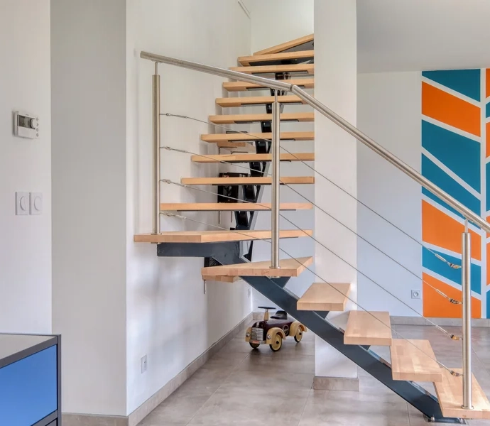Steel staircase with custom beech steps
