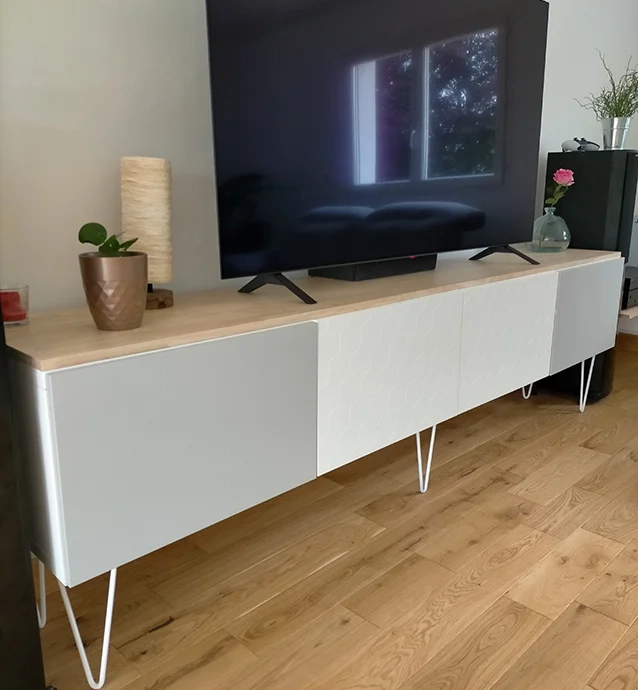 Custom TV cabinet customization with rubberwood top