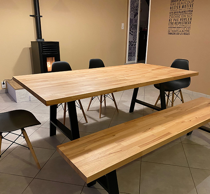 Dining table and bench with custom beech tops