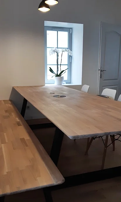 Custom dining table and bench set with oak top