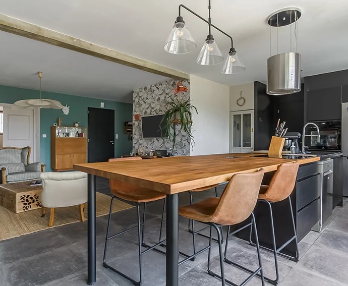Open kitchen with custom made beech worktop