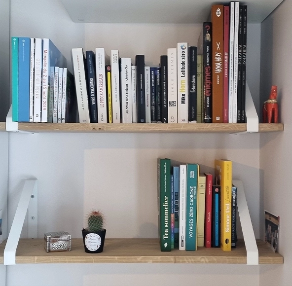 Étagères en bois dans un renfoncement avec livres et décorations