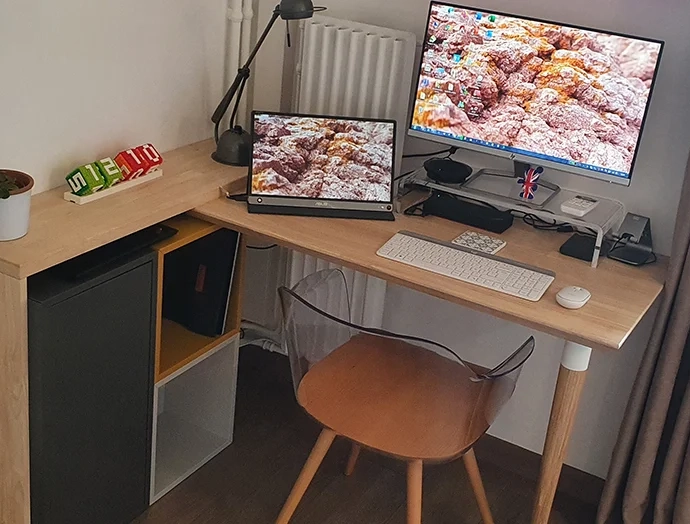 Corner desk with custom wooden tops