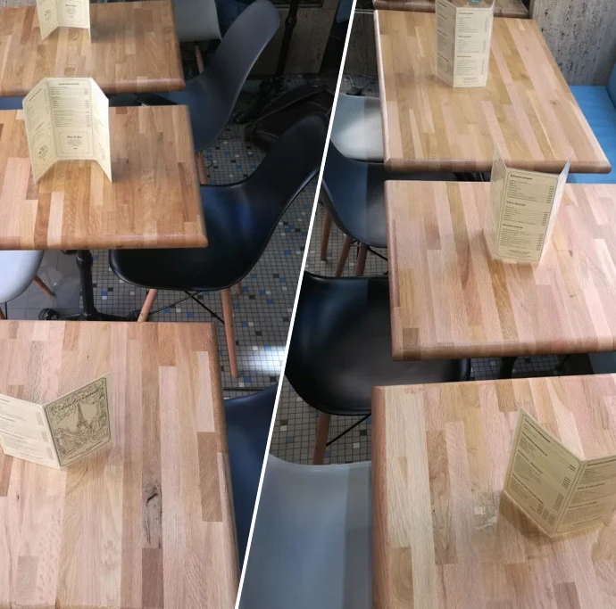 aménagement de brasserie avec plateaux en bois massif découpés sur mesure