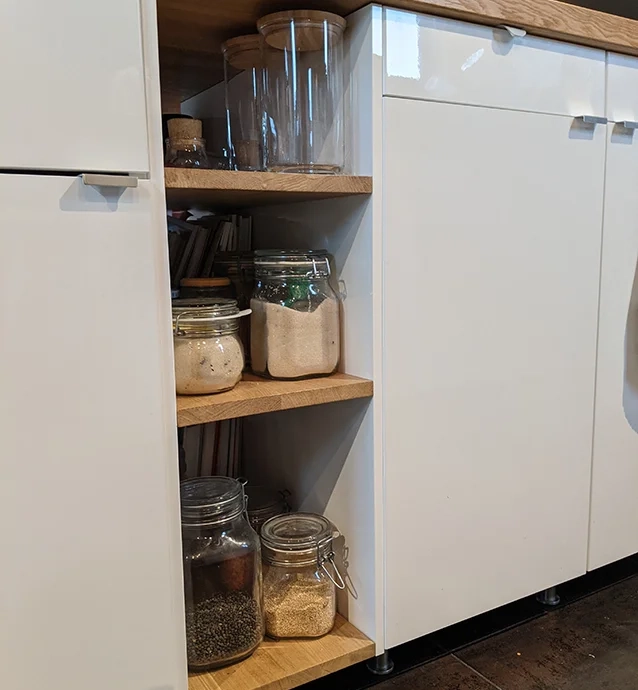 Custom wood kitchen island shelves