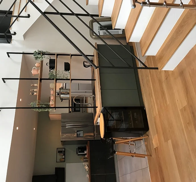 open kitchen with custom oak worktop