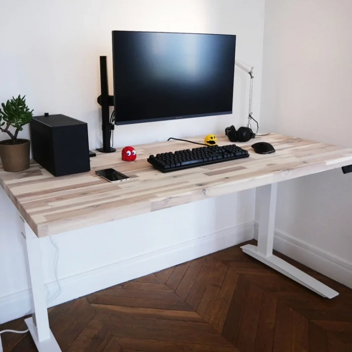 Sit-stand desk with custom wooden top