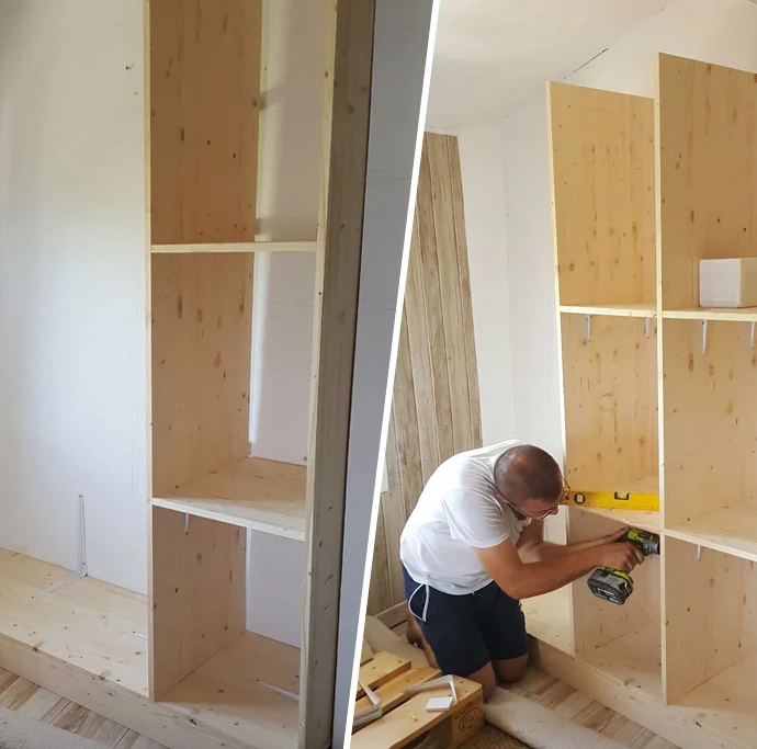Assembly of a custom-made spruce wood dressing room