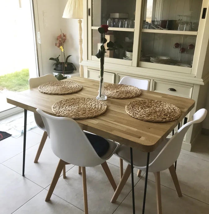 Custom oak dining table with hairpin legs