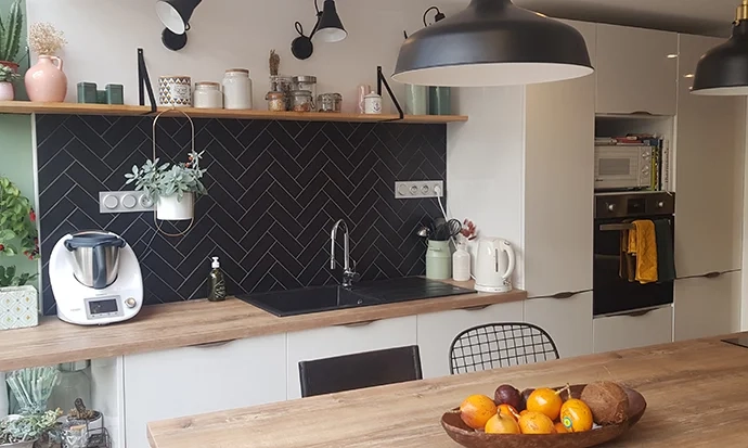 Custom-made solid wood shelving unit for kitchen furnishings