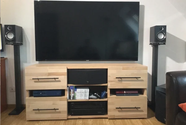 Custom TV cabinet made with solid beech panels from La Boutique Du Bois