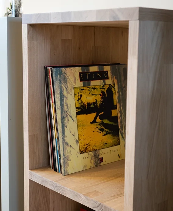 Vinyl cabinet with custom oak planks