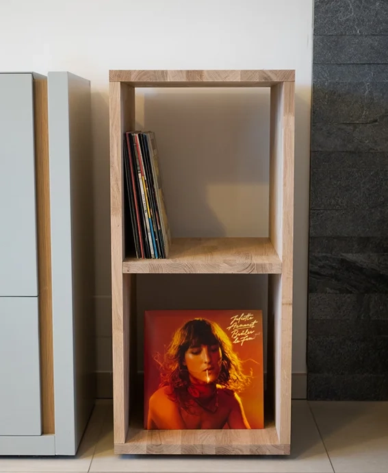 Custom vinyl cabinet with oak planks
