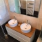 Double sink bathroom cabinet with bamboo worktop