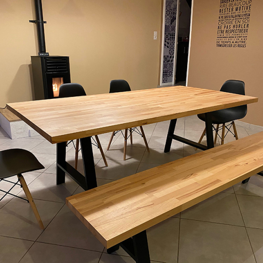 Dining table and bench with custom beech tops