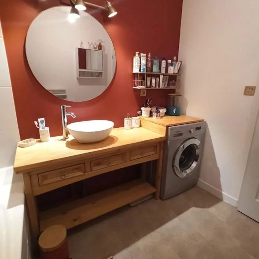 Bathroom furniture with custom made vanity top in rubberwood