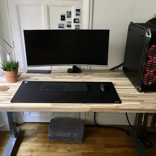 Sit-stand desk with custom acacia top