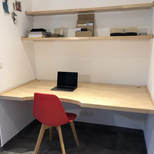 Custom-made desk and shelves in solid rubberwood